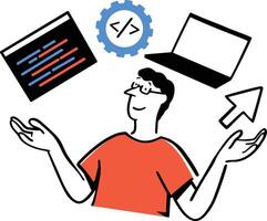 A flat style man building UI and app interfaces, surrounded by gear icons, HTML tags, and screen mockups. vector