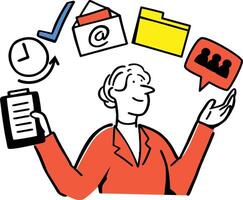 A flat style woman organizing project folders, emails, and checklists for a team using a clipboard and scheduling icons. vector