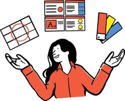 A flat style woman surrounded by branding elements such as font options, color swatches, layout grids, and guideline sheets. vector