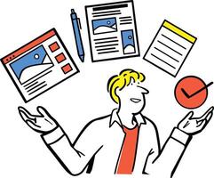 A flat style man cheerfully creating blog content, notes, and newsletters using a pen icon, checklist, and layout design. vector