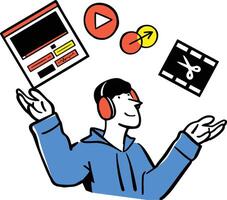 A flat style man wearing headphones while editing content with play buttons, timeline sliders, and transition effects vector