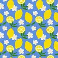 Lemon Citrus fruit repeating seamless pattern. Blue background with yellow citrons, leaf, flower. Rapport with yellow Lime plant branch for wrapping, textile, paper, card, print, paper, label vector