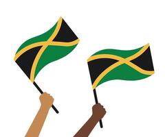 Jamaican flags in hands banner on isolated background. Design for Jamaica Independence Day August 9. Festive illustration for card, flyer, print, template. For national holiday, celebration vector