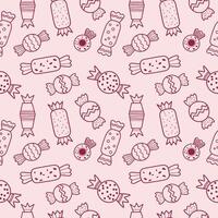Candy seamless pattern. Repeating pink background with different candies, sweets, chocolate treats. Design for October 18 is World Candy Day. Food illustration for flyer, card, wrapping, paper vector