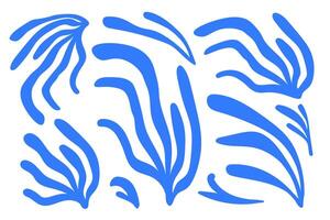 Blue algae in Matisse style, abstract plant shapes, groovy geometric. Organic banner on isolated background. Random pattern, collage figures for templates, stickers, promo design, Web, decor vector
