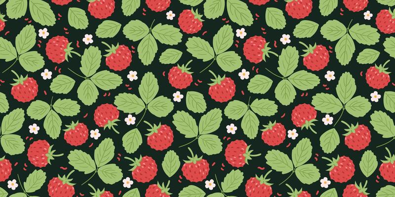 Wild strawberry, flowers and leaves seamless pattern on dark background.