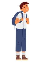 Cute school boy in uniform with backpack standing flat illustration isolated on white. vector