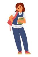 Schoolgirl in uniform with backpack and a textbook flat illustration isolated on white. vector
