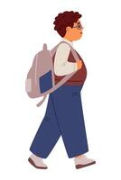 Fat school boy in uniform with backpack walking to school flat illustration isolated on white. vector