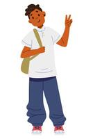 African American school boy in uniform with backpack standing and showing peace gesture flat illustration isolated on white. vector