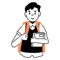 School boy with backpack holding a textbook line minimalistic illustration isolated on white. vector