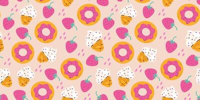 Sweets seamless pattern with doodle illustrations of ice cream cones, strawberry, donut. vector