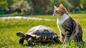 On a warm afternoon, a turtle and a cat find a quiet patch of sun-dappled grass photo