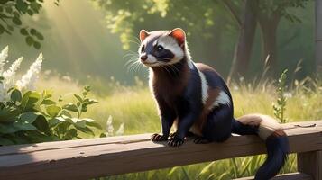 A European polecat sits on a wooden fence photo