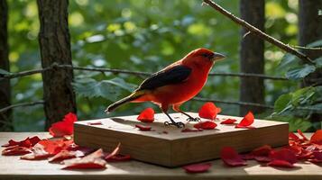 A scene where a scarlet tanager sits at a miniature wooden desk in the treetops photo