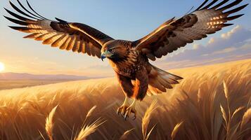 A Red-Tailed Hawk soars over a golden prairie at sunset photo