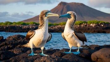 A pair of blue-footed boobies stands on a rocky Galapagos shore during golden hour photo