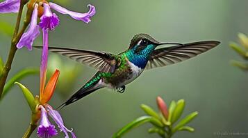 A male marvelous hummingbird hovers midair in a Peruvian cloud forest photo