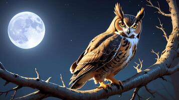 A Great Horned Owl perched on a gnarled branch photo