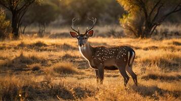 A Sika deer grazing in a dry grassy field photo