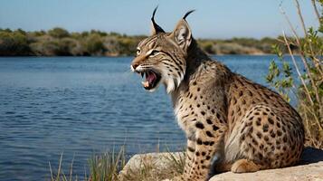 An Iberian lynx sits with its mouth open, as if mid-roar photo