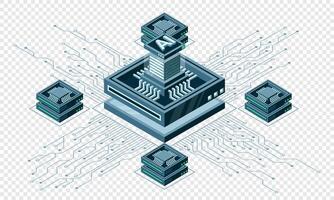 Isometric artificial intelligence chip concept. Artificial intelligence concept. Futuristic microchip processor. Technology vector