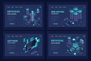 Set of isometric landing page template. Modern technology concept for web hosting, software development, and artificial intelligence. Isometric technology vector
