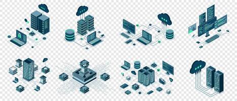 Set of isometric modern technology concept for cloud computing, Datacenter, Database, artificial intelligence, and blockchain technology. Technology vector