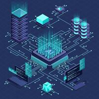 Isometric artificial intelligence chip concept. Artificial intelligence server. Futuristic microchip processor. Isometric cloud computing. Isometric technology, vector