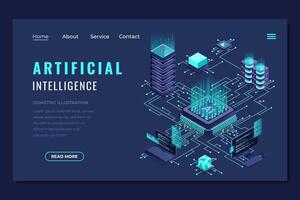 Isometric artificial intelligence landing page. Machine learning technology. Digital technology website landing page. Isometric technology, vector