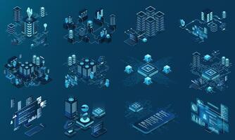 Set of isometric modern technology concept for cloud computing, datacenter, database, artificial intelligence, and blockchain technology. Technology. vector