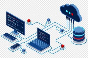 Cloud technology computing concept. Modern cloud technology. Data center isometric concept. Isometric cloud technology with datacenter. Web hosting concept. Isometric technology vector