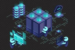 Data center and web hosting isometric concept. Cloud computing storage. Isometric server room rack vector