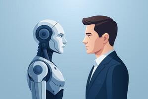 Machine vs. man. Robot with AI and man face to face. vector