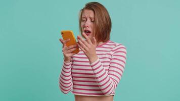 Woman use smartphone typing browsing loses becoming surprised sudden lottery result bad fortune video
