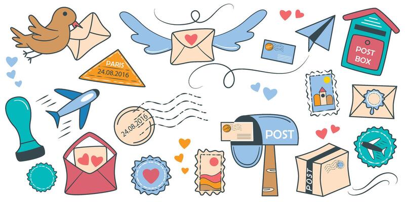 Set of color icons on the topic of postal items, parcels and letters