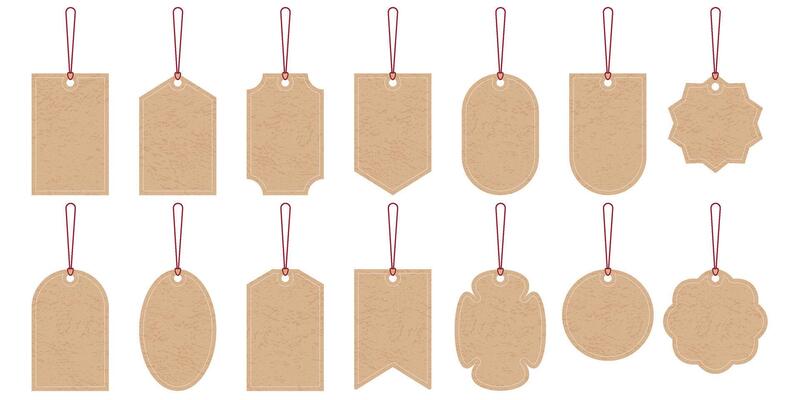 Set of cardboard tag labels on rope for hanging