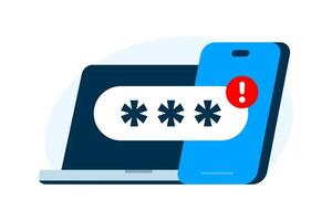 Account Logged in on Another Device Warning. flat Illustration of Laptop and Smartphone with Password Field and Exclamation Mark. for login alert, security issue, or suspicious activity notification vector