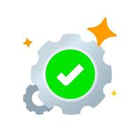 Latest Version Confirmed modern Illustration. Gear with Check Mark and Sparkle Icon for Updated App, No Updates Available, Software Maintenance Complete, System Up to Date UI Symbol vector