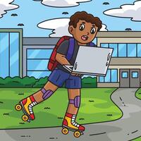 Roller Skating Boy with a Laptop Colored Cartoon vector