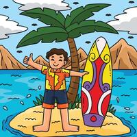 Surfing Boy with a Surfboard and Palm Tree Colored vector
