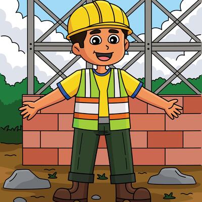 Male Construction Worker Colored Cartoon
