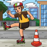 Inline Skater Avoiding Traffic Cone Colored vector