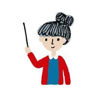 Teacher Character With Pointer Stick In Hand Drawn Doodle Style. Educational Concept. Isolated Illustration vector