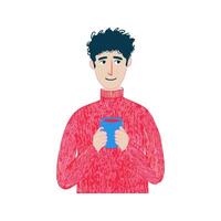 Man Holding Coffee Cup In Red Sweater In Hand Drawn Doodle Style. Cozy And Relaxed Mood. Isolated Illustration vector