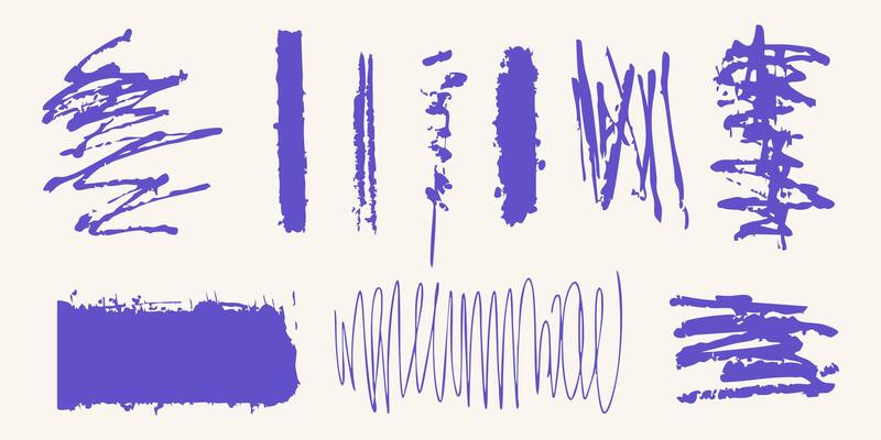 Abstract Purple Brush Strokes Set. Creative Artistic Design Elements Collection. Isolated Illustration