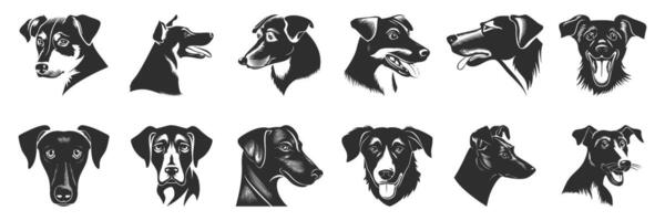 Dog Head Silhouettes Collection. Various Breeds In Profile And Front View. Isolated Illustration Set vector