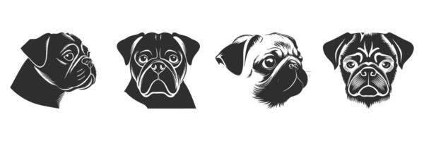 Pug Dog Silhouettes Set. Expressive Canine Faces In Artistic Style Isolated Illustration Collection vector