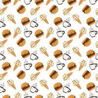 Fast Food Pattern Seamless Background Burger, Coffee, Ice Cream . vector