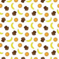 Seamless Cartoon Fruit and Muffin Pattern Banana, Orange, and Chocolate Muffin Design on White Background. vector